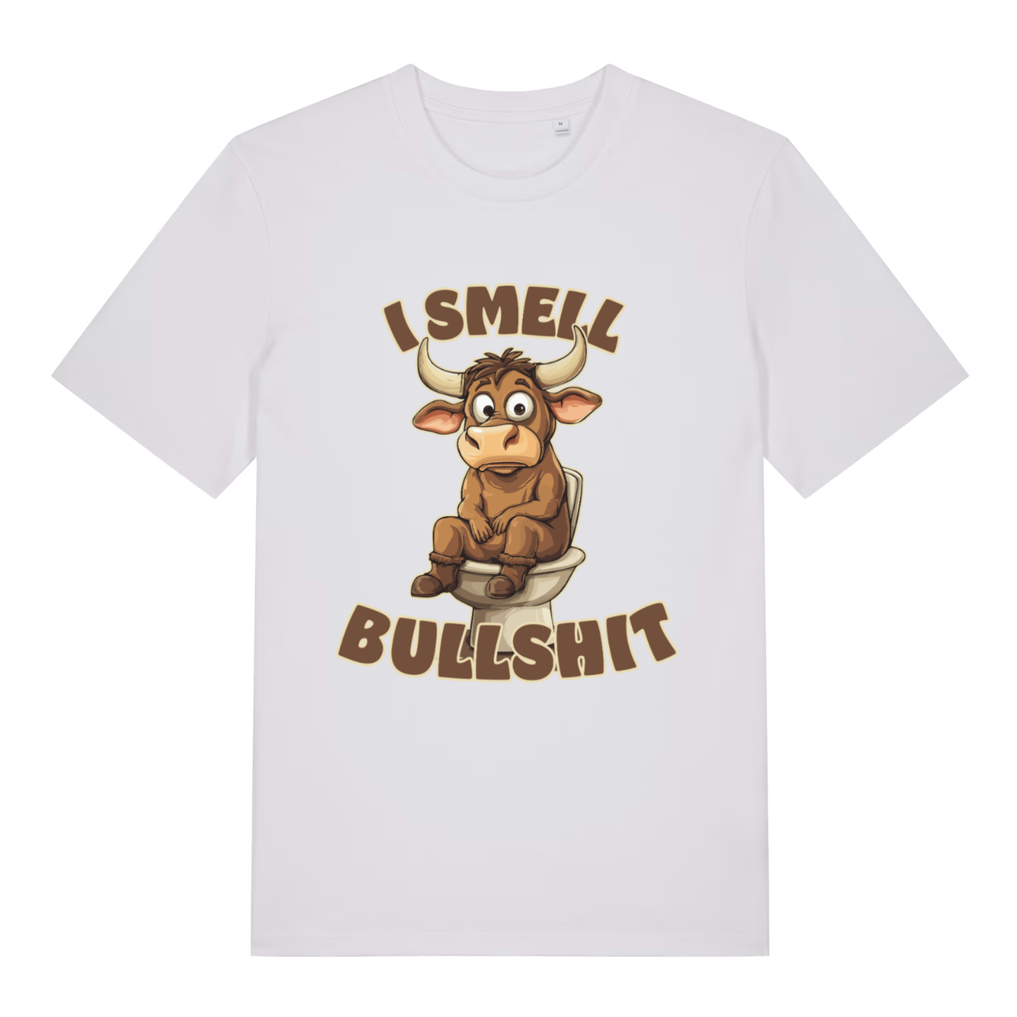 White I Smell Bullshit funny animal t-shirt showing witty bull graphic  