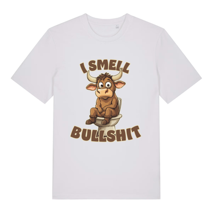 White I Smell Bullshit funny animal t-shirt showing witty bull graphic  