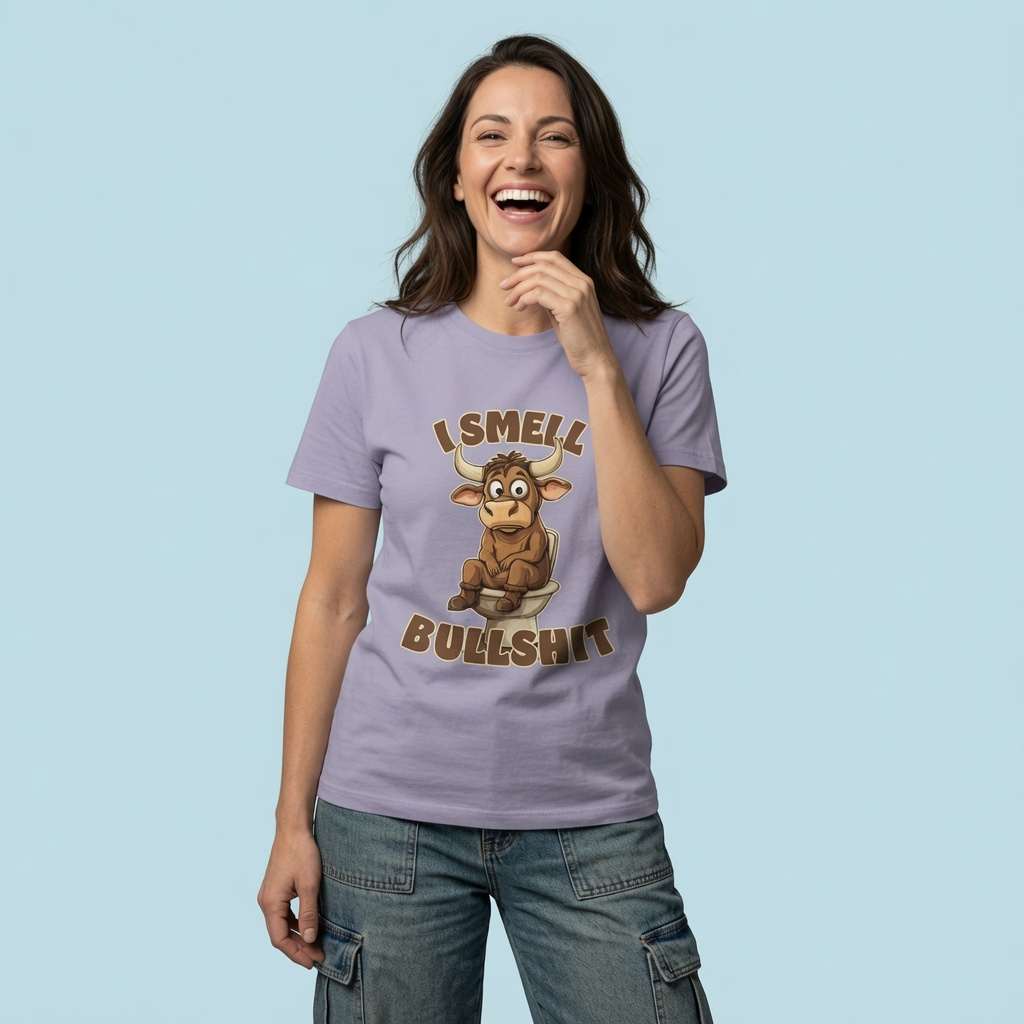 Woman laughing with a hand near her face in a lavender I Smell Bullshit t-shirt, funny and cheeky rude bull pun that every no-nonsense lady will claim