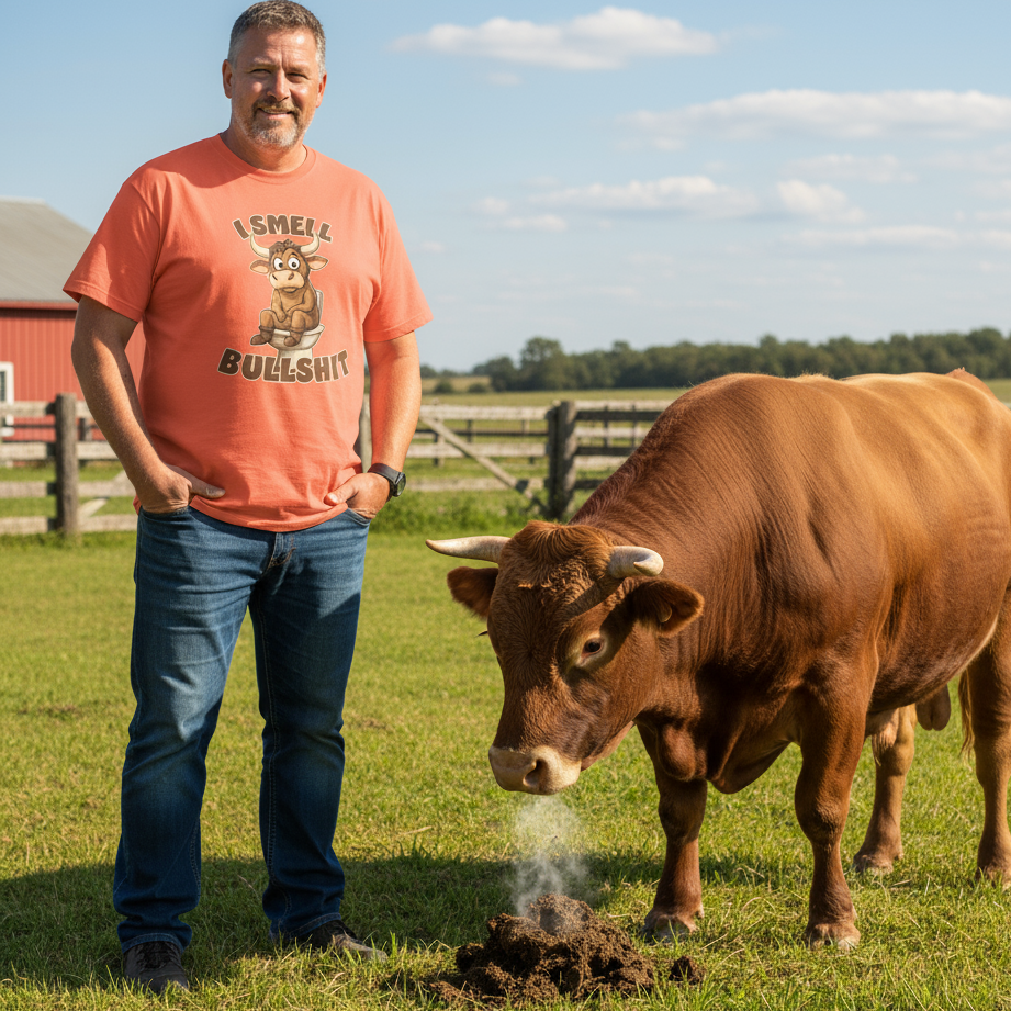 Man standing next to a cow in a field wearing a funny graphic tee with a red barn in the background