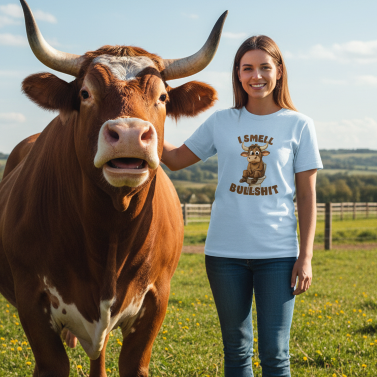 A woman stands in a sunny field beside a large brown cow. She's wearing a blue T-shirt with a cartoon cow and the text "I smell bullshit." The scene conveys humor and a rural atmosphere.