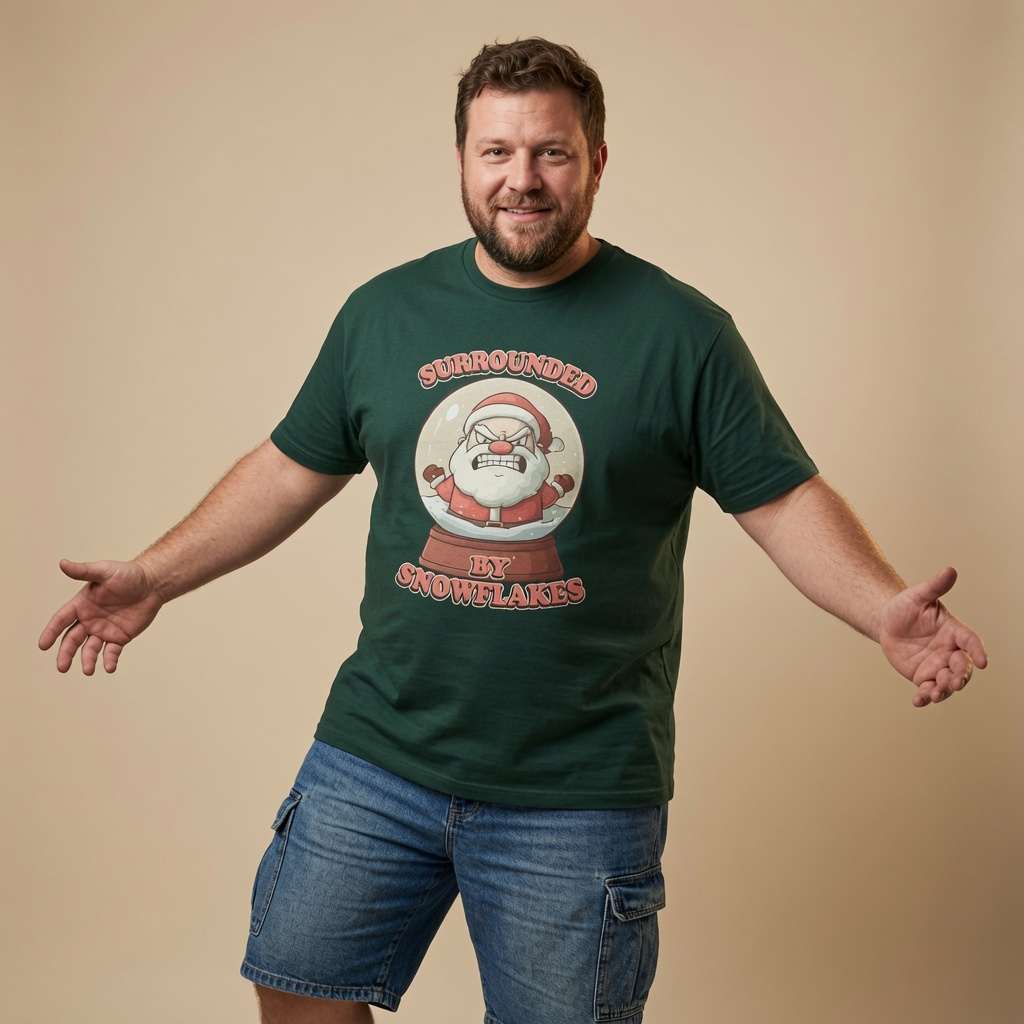 Bearded man with arms outstretched in a glazed green Surrounded by Snowflakes t-shirt, funny and witty mens offensive xmas design that every fed-up festive lad will claim
