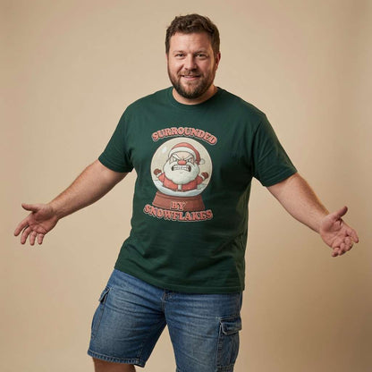 Bearded man with arms outstretched in a glazed green Surrounded by Snowflakes t-shirt, funny and witty mens offensive xmas design that every fed-up festive lad will claim