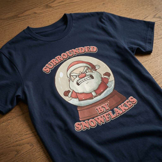 Navy Surrounded by Snowflakes t-shirt laid flat on a wooden surface featuring an angry Santa trapped in a snow globe, funny mens offensive festive design
