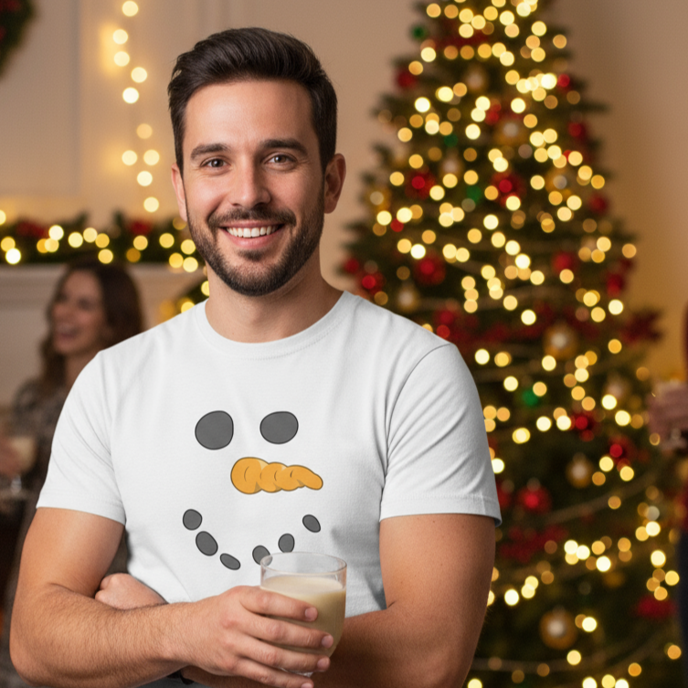 Man wearing a snowman-themed shirt holding a glass of milk in front of a Christmas tree.