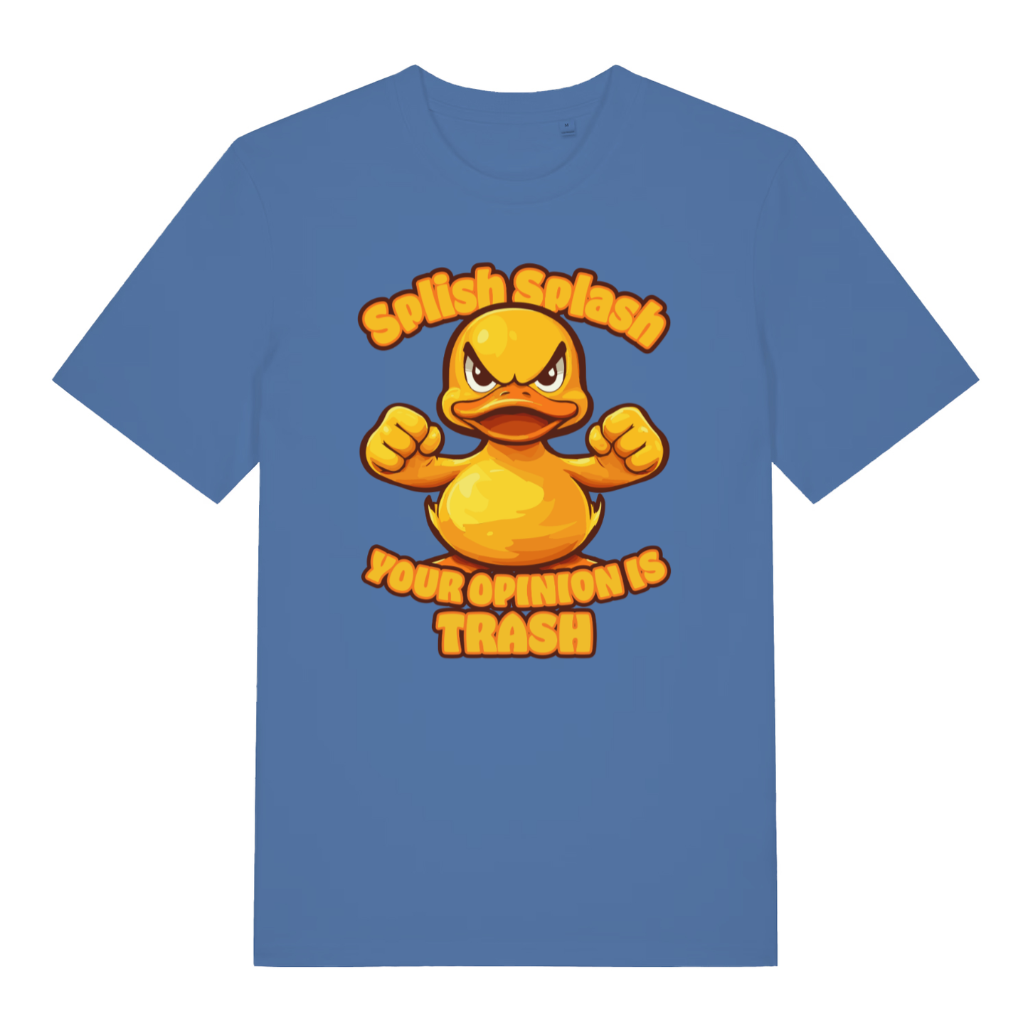 Blue Splish Splash Your Opinion Is Trash funny animal t-shirt featuring cheeky rubber duck graphic  