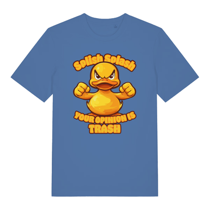 Blue Splish Splash Your Opinion Is Trash funny animal t-shirt featuring cheeky rubber duck graphic  
