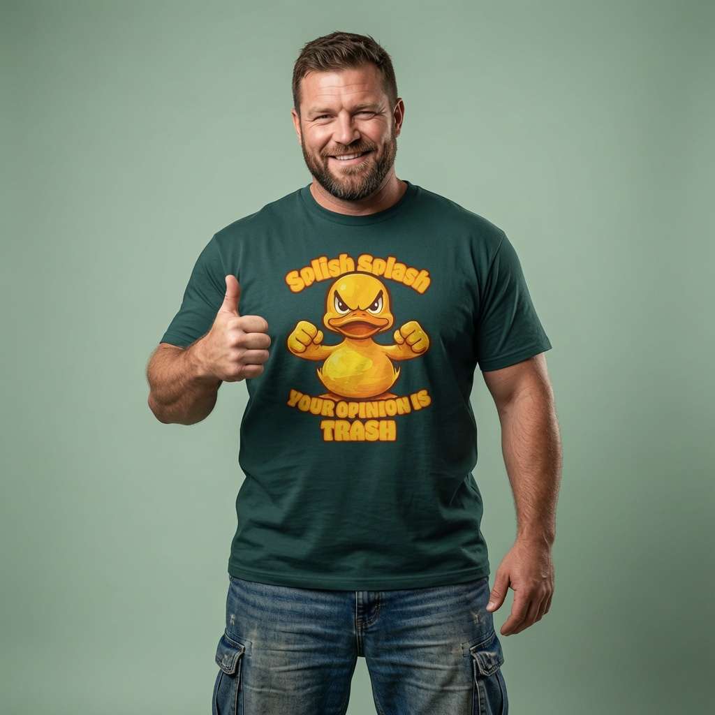 Bearded man giving a thumbs-up in a glazed green Splish Splash Your Opinion Is Trash t-shirt, fun and rude rubber duck design that every no-nonsense lad will claim