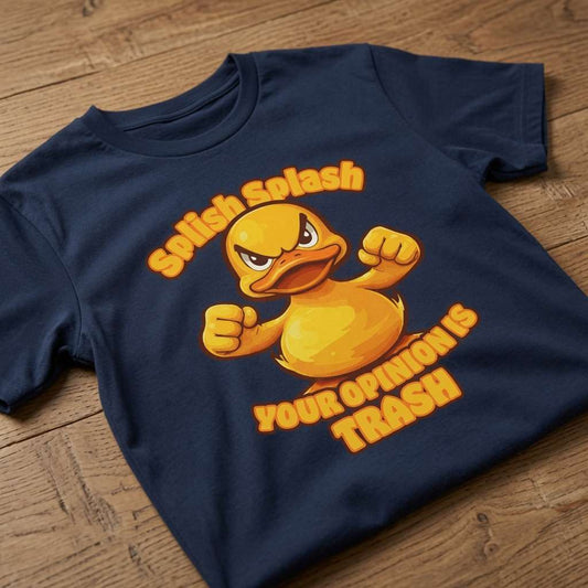 Navy Splish Splash Your Opinion Is Trash t-shirt laid flat on a wooden surface featuring an angry yellow rubber duck flexing its fists, cool mens rude duck graphic
