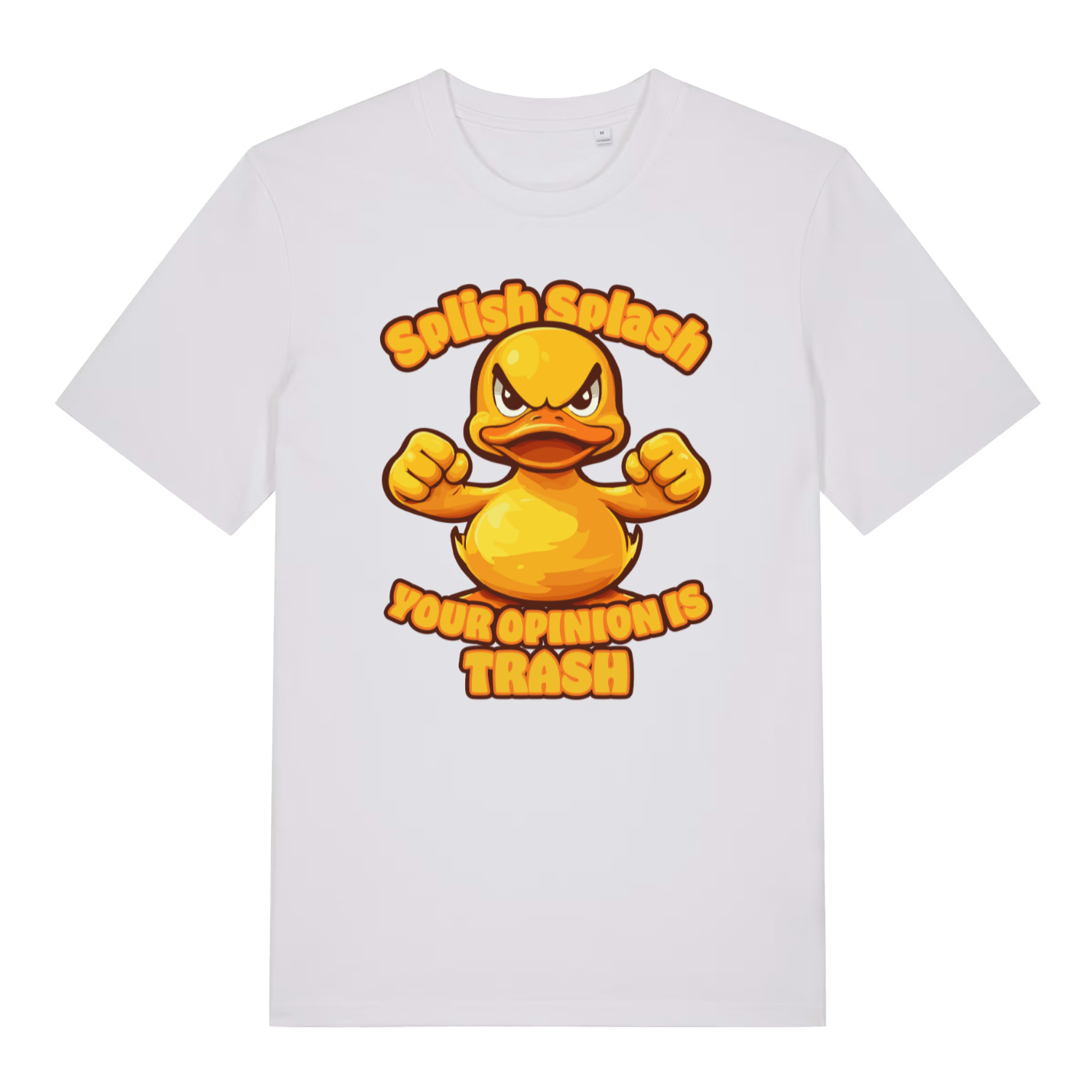 White Splish Splash Your Opinion Is Trash funny animal t-shirt with bold angry duck lettering  