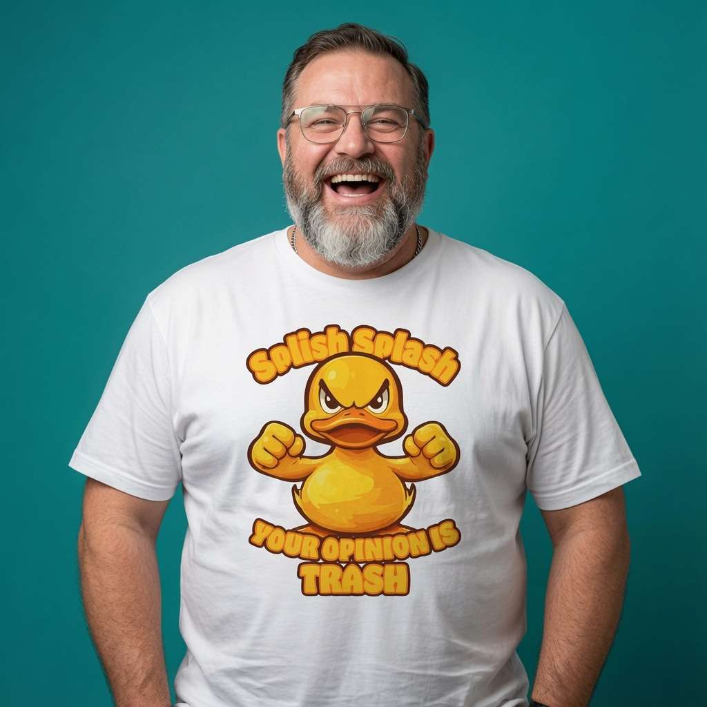Man laughing while wearing a white Splish Splash Your Opinion Is Trash t-shirt, funny mens angry rubber duck banter design that every cheeky lad will claim
