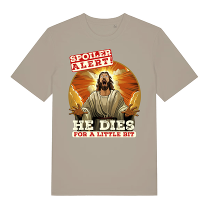 Stone Spoiler Alert He Dies For A Little Bit funny Jesus t-shirt with bold spoiler lettering  