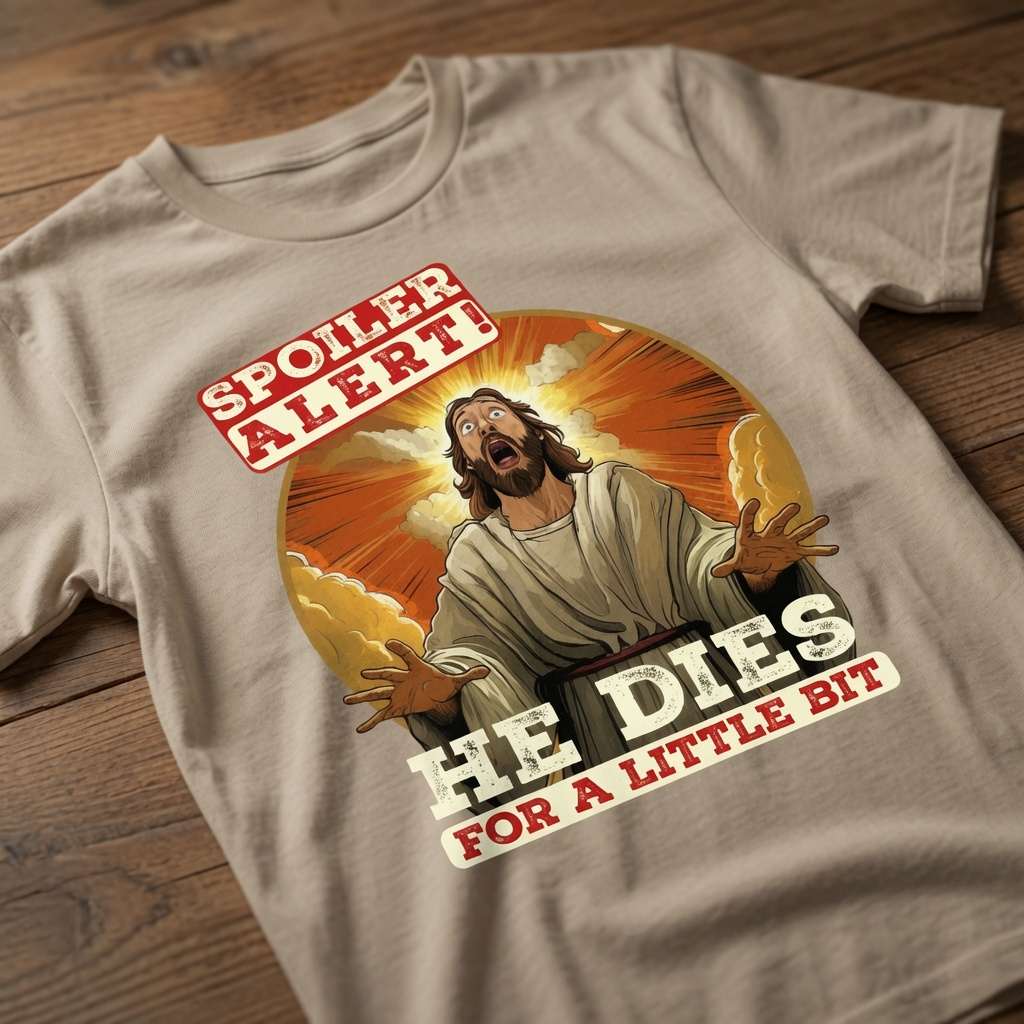 Stone Spoiler Alert! He Dies for a Little Bit t-shirt laid flat on a wooden surface showing the full shocked Jesus graphic, funny mens offensive Easter design