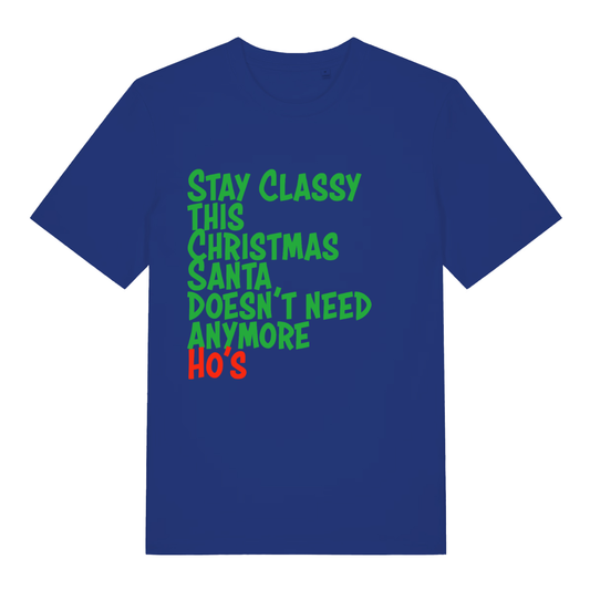 Blue Stay Classy This Christmas funny slogan t-shirt showing witty festive text  