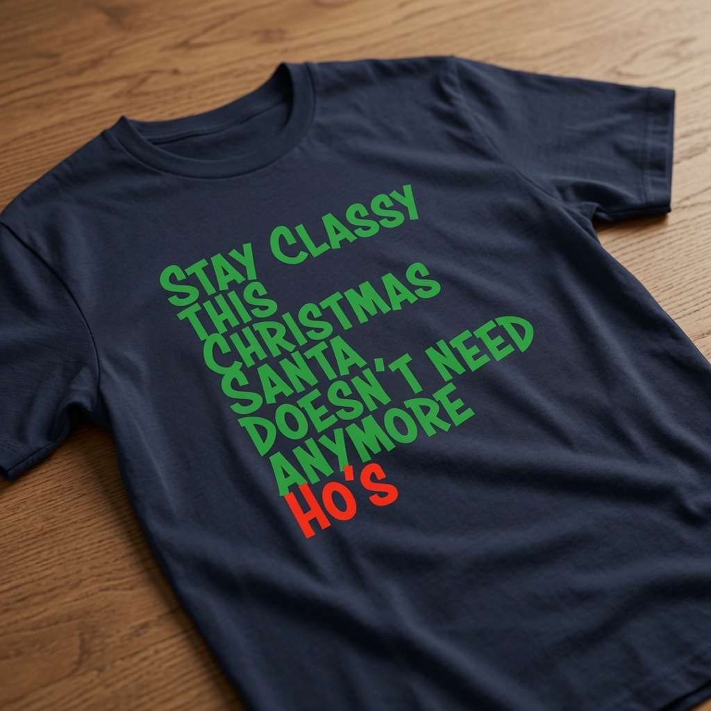 Navy Stay Classy This Christmas Santa Doesn’t Need Anymore Ho’s t-shirt laid flat on a wooden surface with green and red lettering, funny mens cheeky slogan xmas design