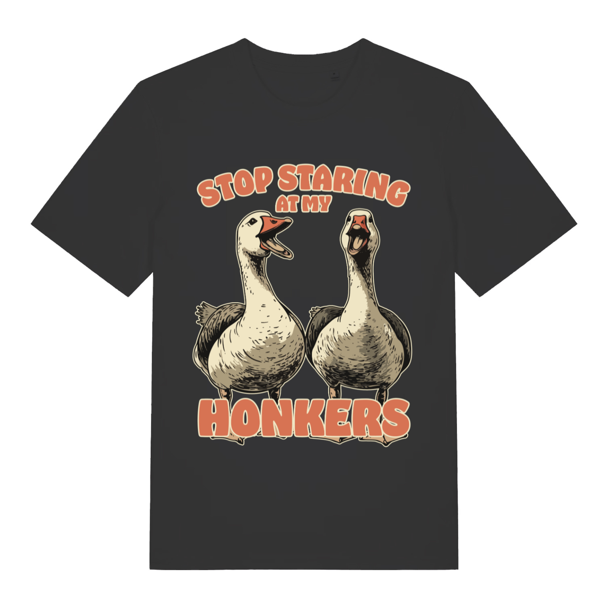 Black Stop Staring At My Honkers funny graphic t-shirt with loud geese design  