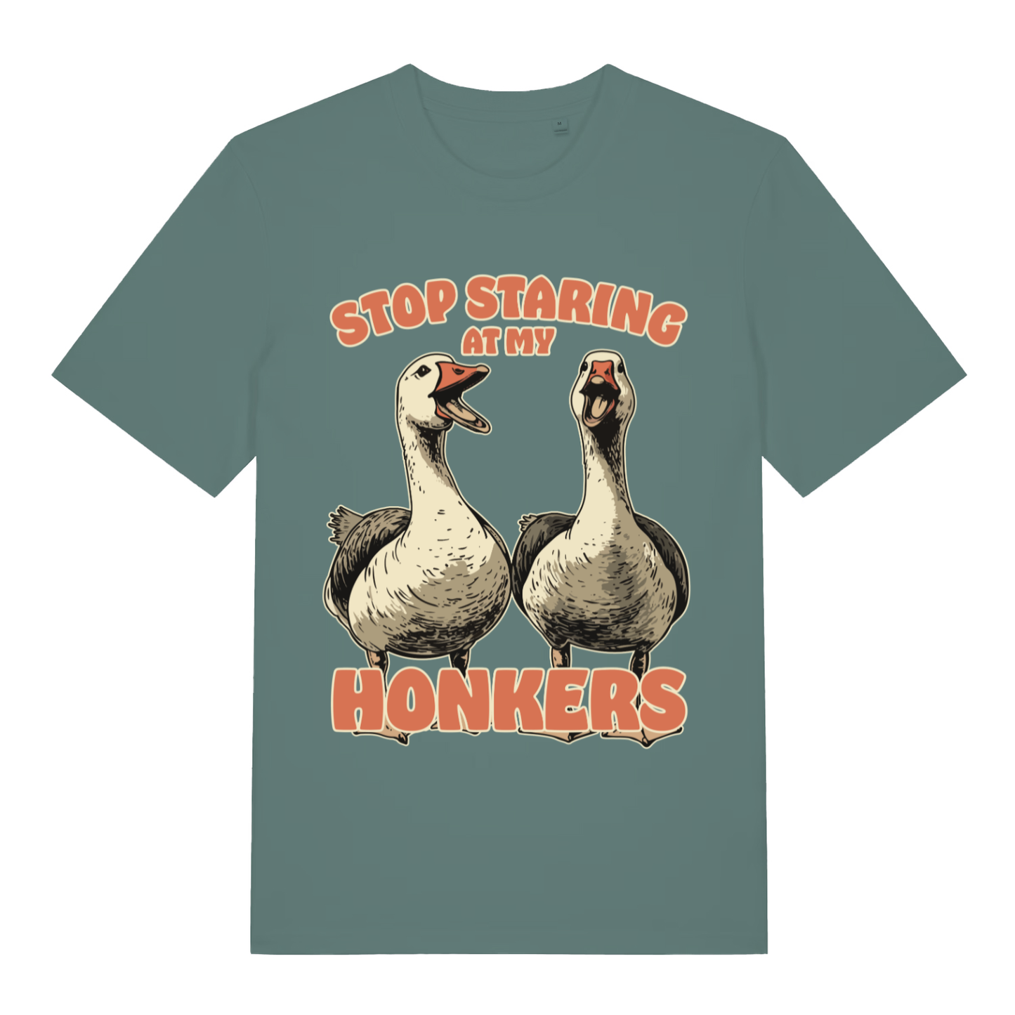 Green Bay Stop Staring At My Honkers funny graphic t-shirt featuring cheeky goose print  