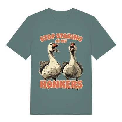 Green Bay Stop Staring At My Honkers funny graphic t-shirt featuring cheeky goose print  