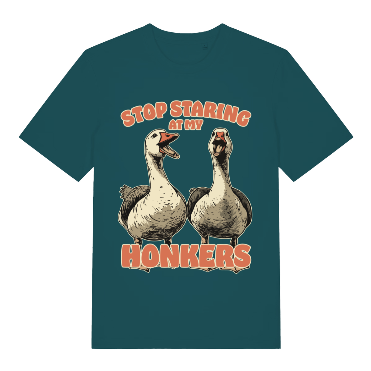 Green Stop Staring At My Honkers funny graphic t-shirt with classic animal banter  