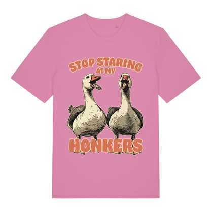 Pink Stop Staring At My Honkers funny graphic t-shirt with bold cheeky goose design  
