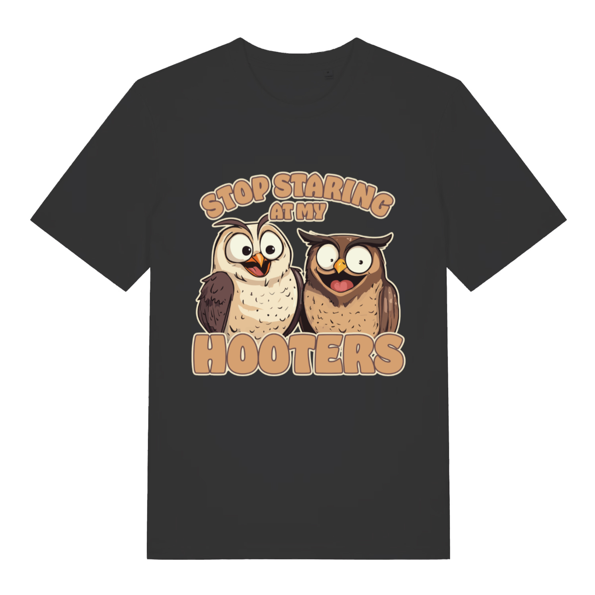 Black Stop Staring At My Hooters funny graphic t-shirt with wide-eyed owls design  