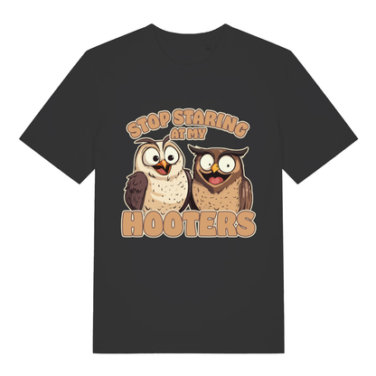 Black Stop Staring At My Hooters funny graphic t-shirt with wide-eyed owls design  