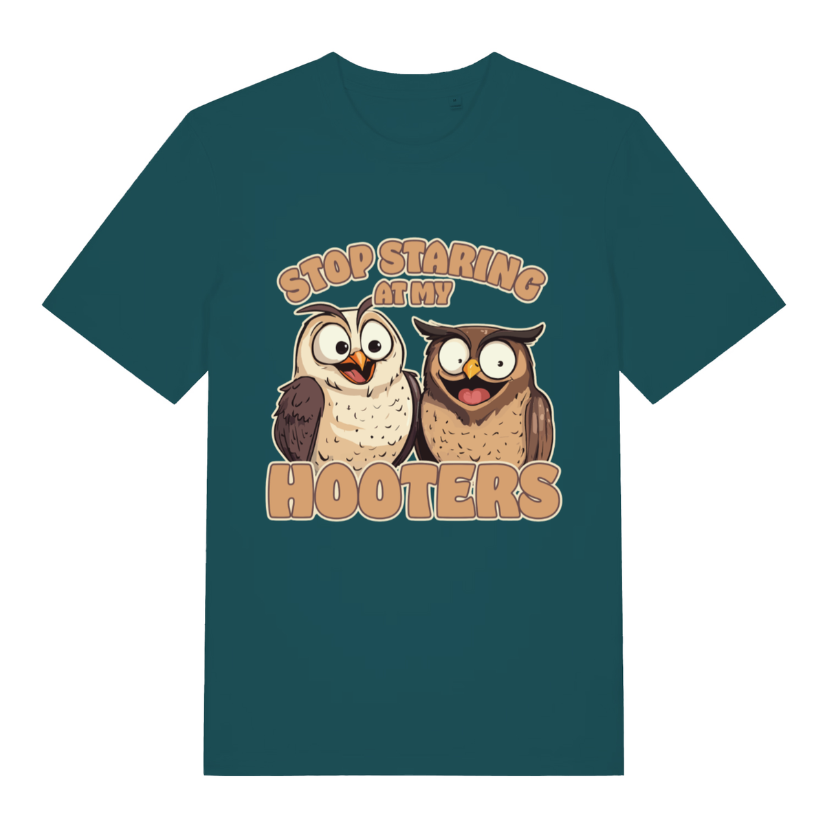 Green Stop Staring At My Hooters funny graphic t-shirt featuring cheeky owl print  