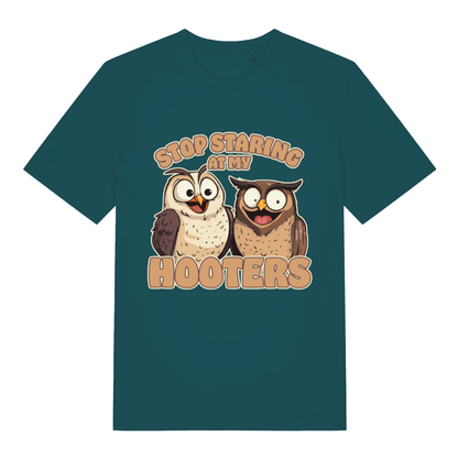 Green Stop Staring At My Hooters funny graphic t-shirt featuring cheeky owl print  