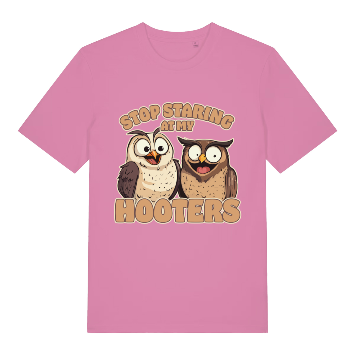 Pink Stop Staring At My Hooters funny graphic t-shirt showing witty owls lettering  