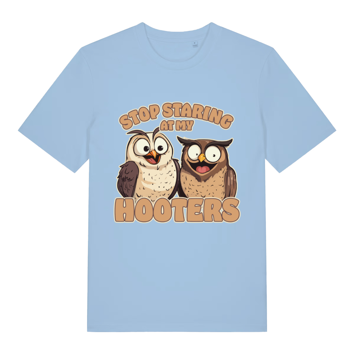 Sky blue Stop Staring At My Hooters funny graphic t-shirt with bold cheeky owl design  