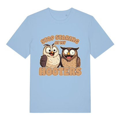 Sky blue Stop Staring At My Hooters funny graphic t-shirt with bold cheeky owl design  