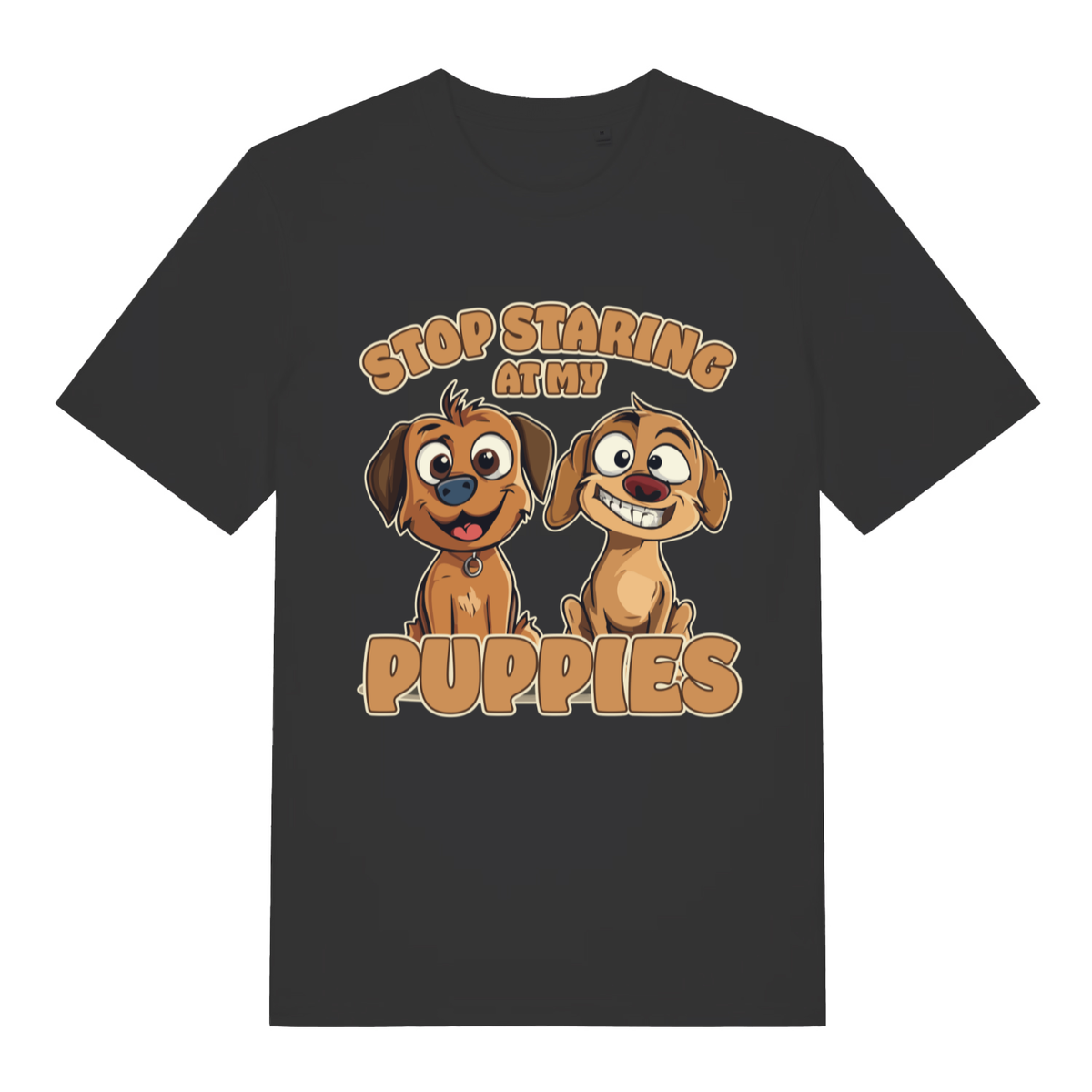 Black Stop Staring At My Puppies funny graphic t-shirt with cheeky cartoon dogs design  