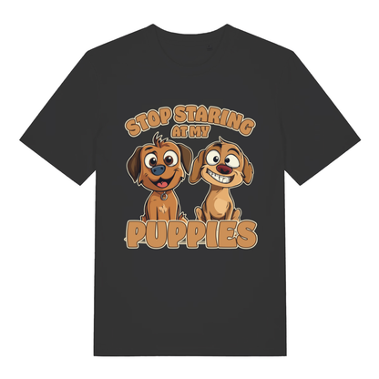 Black Stop Staring At My Puppies funny graphic t-shirt with cheeky cartoon dogs design  