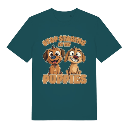 Green Stop Staring At My Puppies funny graphic t-shirt featuring witty dog print  