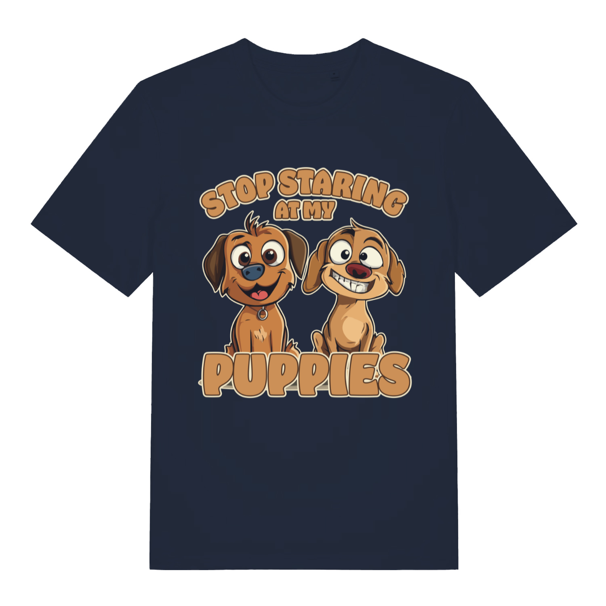 Navy Stop Staring At My Puppies funny graphic t-shirt with classic animal banter  