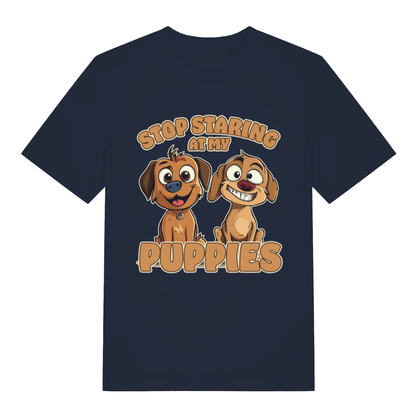 Navy Stop Staring At My Puppies funny graphic t-shirt with classic animal banter  