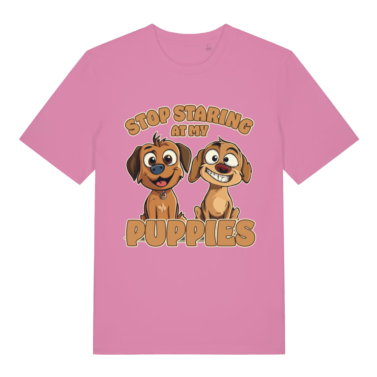 Pink Stop Staring At My Puppies funny graphic t-shirt showing bold cheeky puppy lettering  