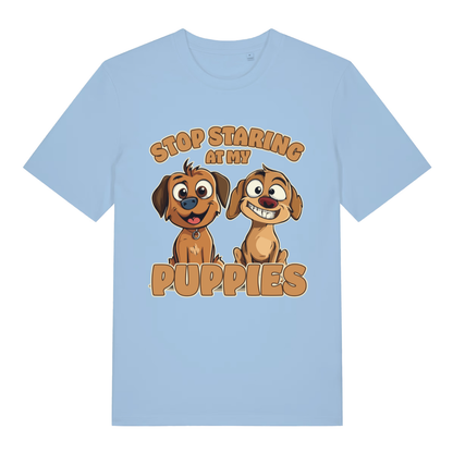Sky blue Stop Staring At My Puppies funny graphic t-shirt with playful dog design  