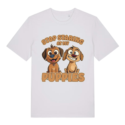 White Stop Staring At My Puppies funny graphic t-shirt featuring ultimate animal pun  