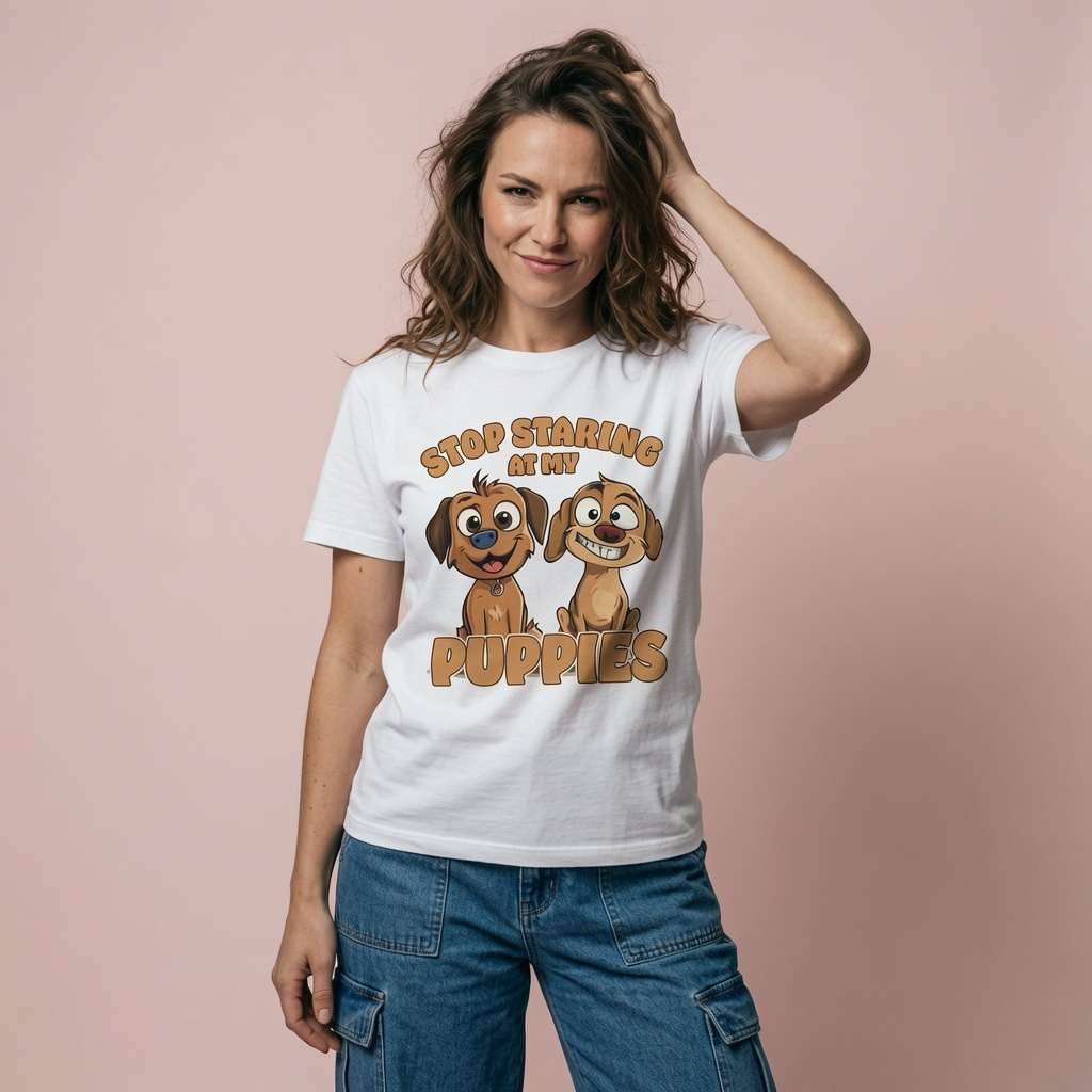 Woman resting a hand in her hair while wearing a white Stop Staring at My Puppies t-shirt featuring two cheeky cartoon dogs, ladies witty and funny dog relatable design
