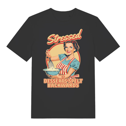 Black Stressed Is Desserts Spelt Backwards funny slogan t-shirt featuring classic mum banter print  