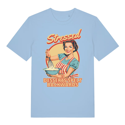 Blue Soul Stressed Is Desserts Spelt Backwards funny slogan t-shirt with witty kitchen graphic  