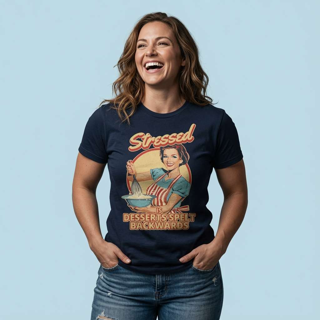 Woman laughing with hands in her pockets while wearing a navy Stressed is Desserts Spelt Backwards t-shirt featuring a retro housewife baking, ladies relatable stress graphic