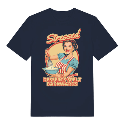 Navy Stressed Is Desserts Spelt Backwards funny slogan t-shirt showing bold retro lettering  