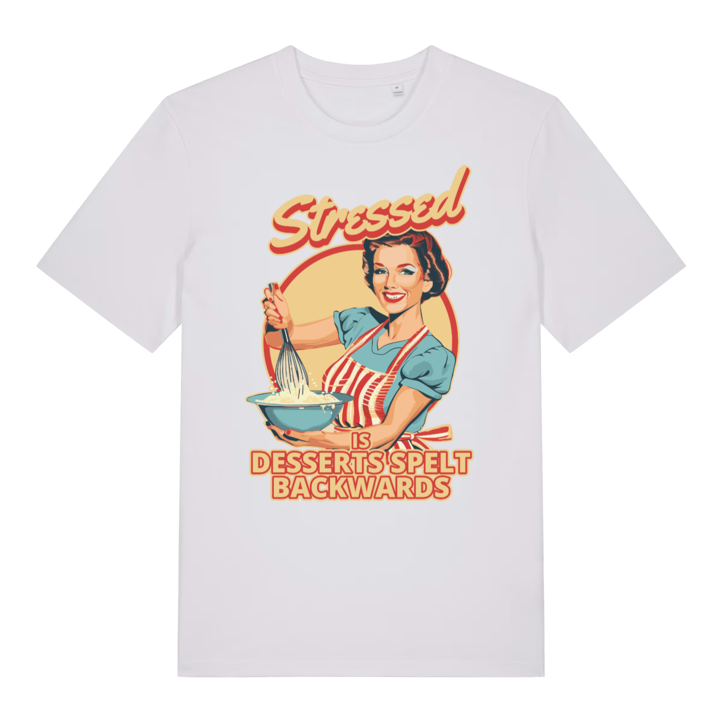 White Stressed Is Desserts Spelt Backwards funny slogan t-shirt featuring ultimate desserts pun  