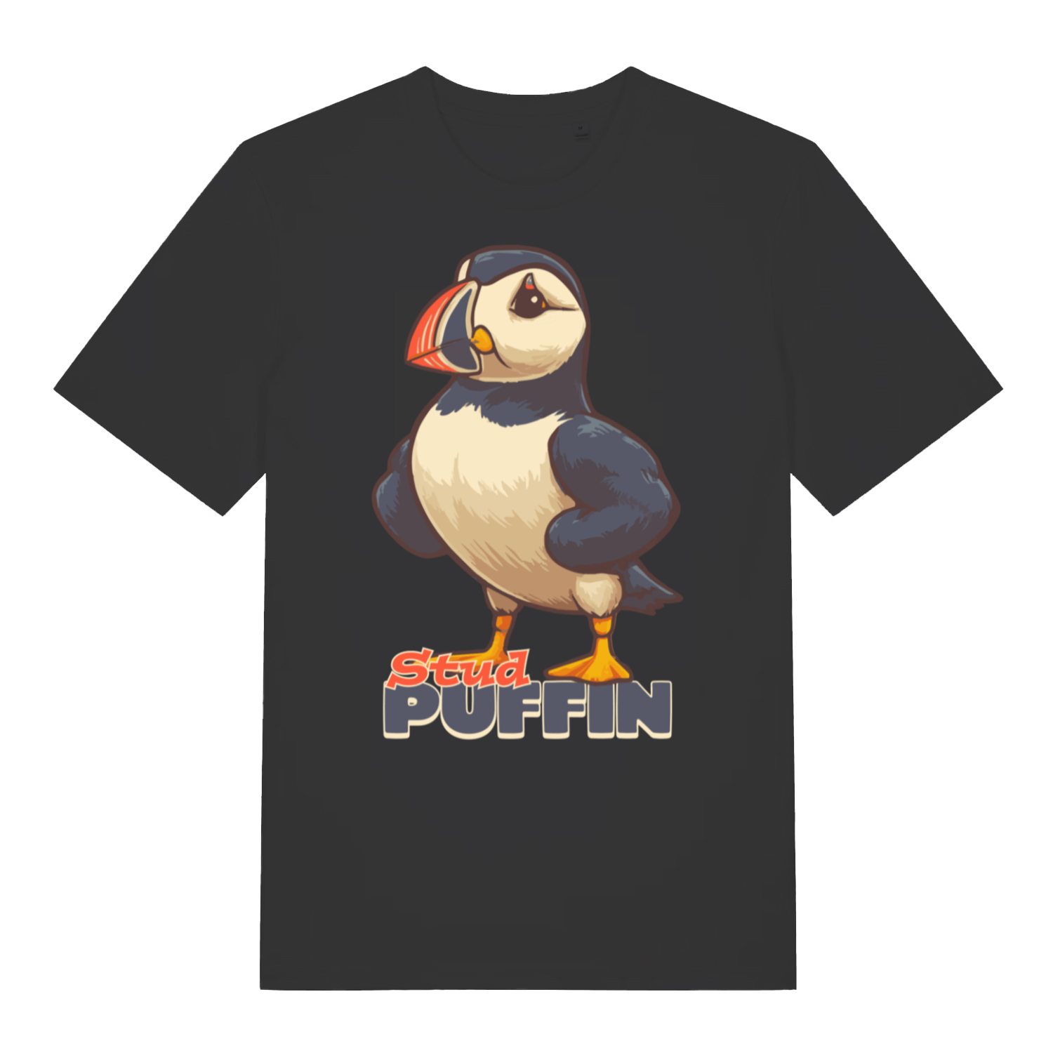 Black Stud Puffin funny graphic t-shirt with jacked cartoon puffin design  