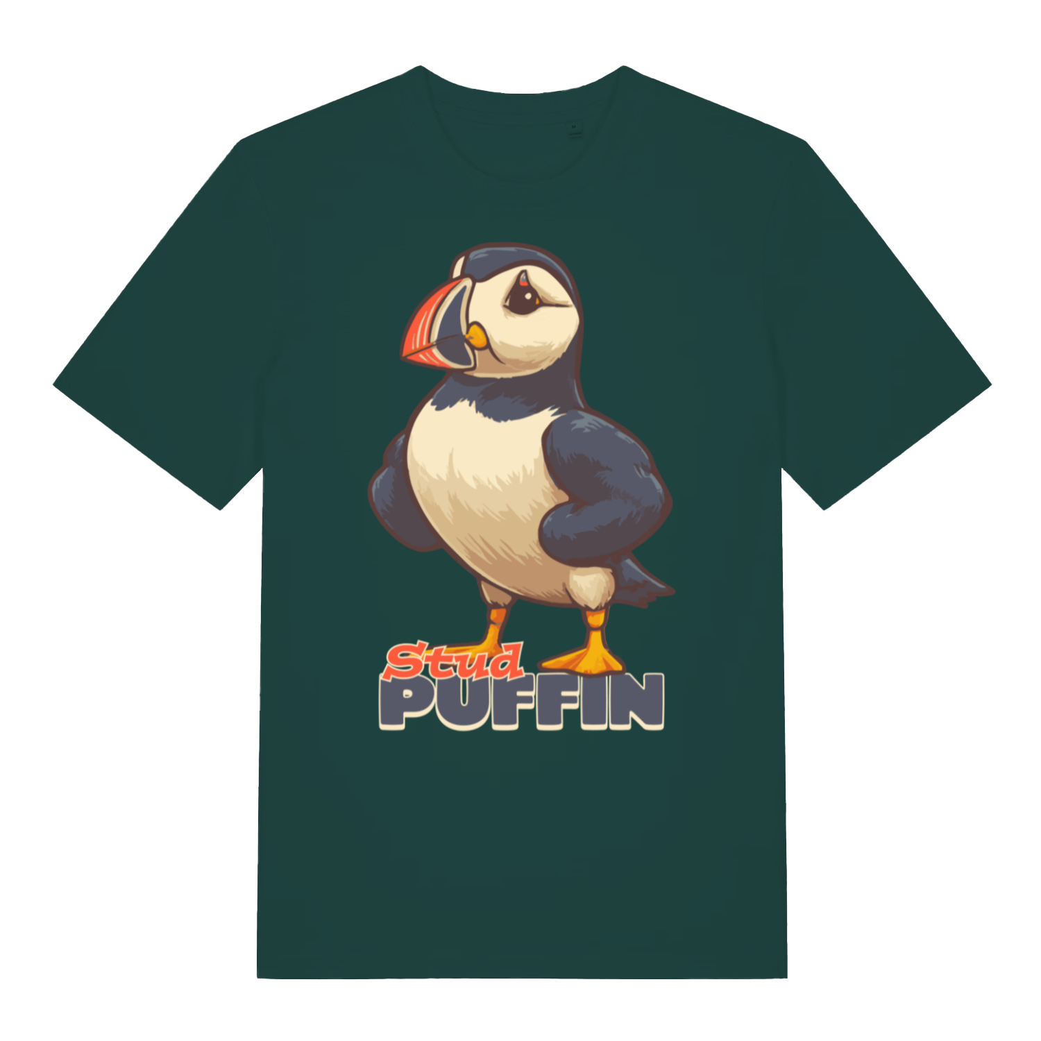 Glazed green Stud Puffin funny graphic t-shirt featuring muscular bird print  