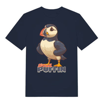 Navy Stud Puffin funny graphic t-shirt with classic animal pun lettering  
