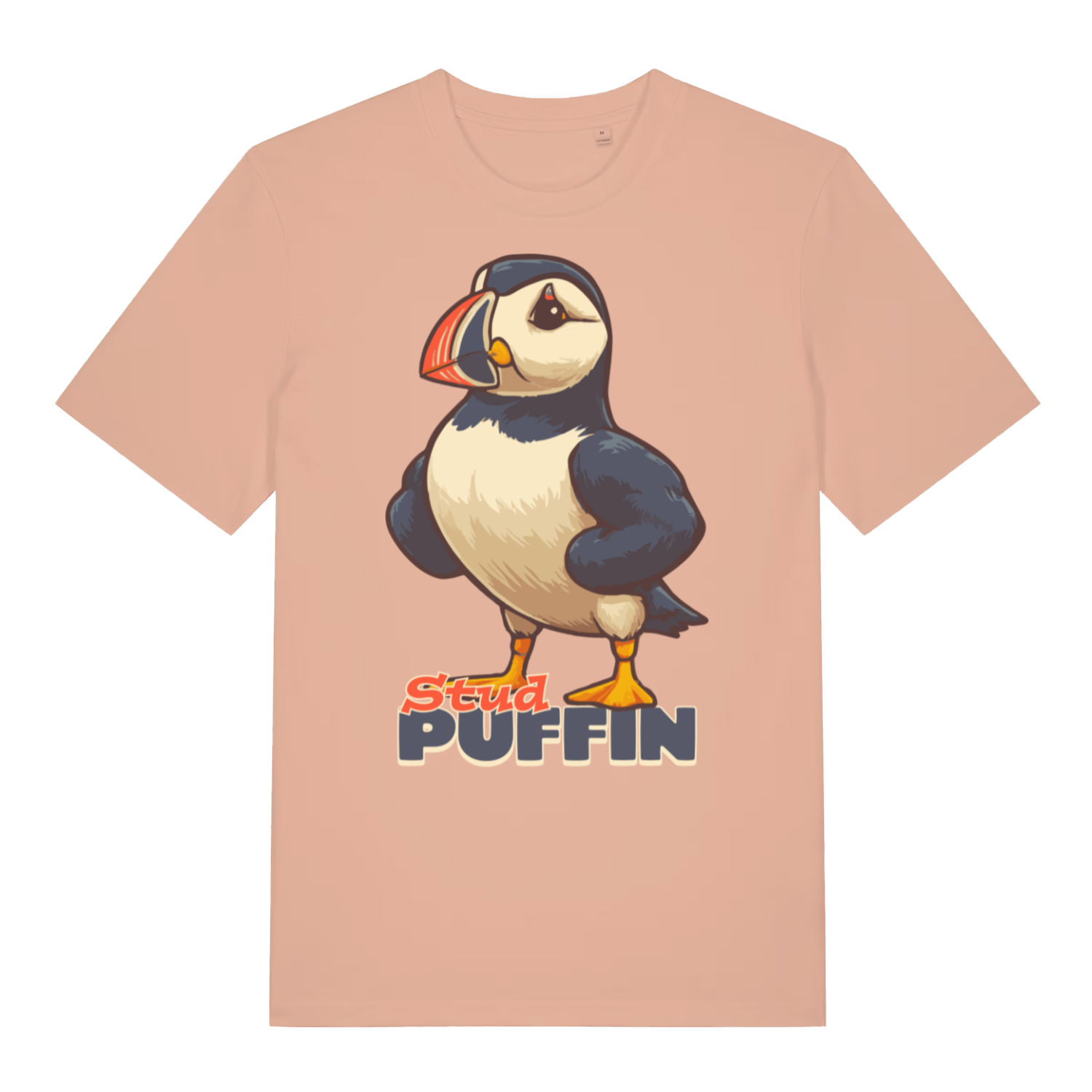 Peche Stud Puffin funny graphic t-shirt showing bold stud muffin design  