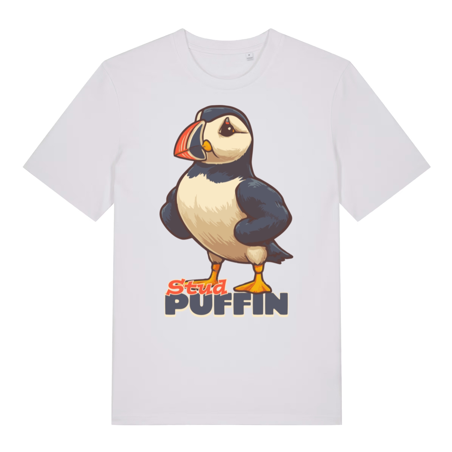 White Stud Puffin funny graphic t-shirt with cheeky muscular puffin  